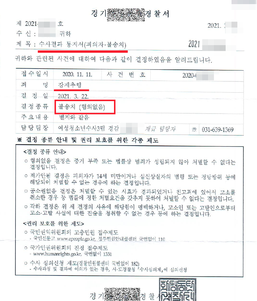 강제추행죄 혐의 처분 결정은?