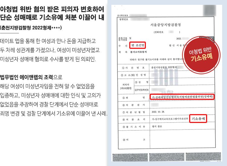 [기소유예] 아청성매수 미성년인 사실 몰랐음 증명해 선처 성공! 이미지 1