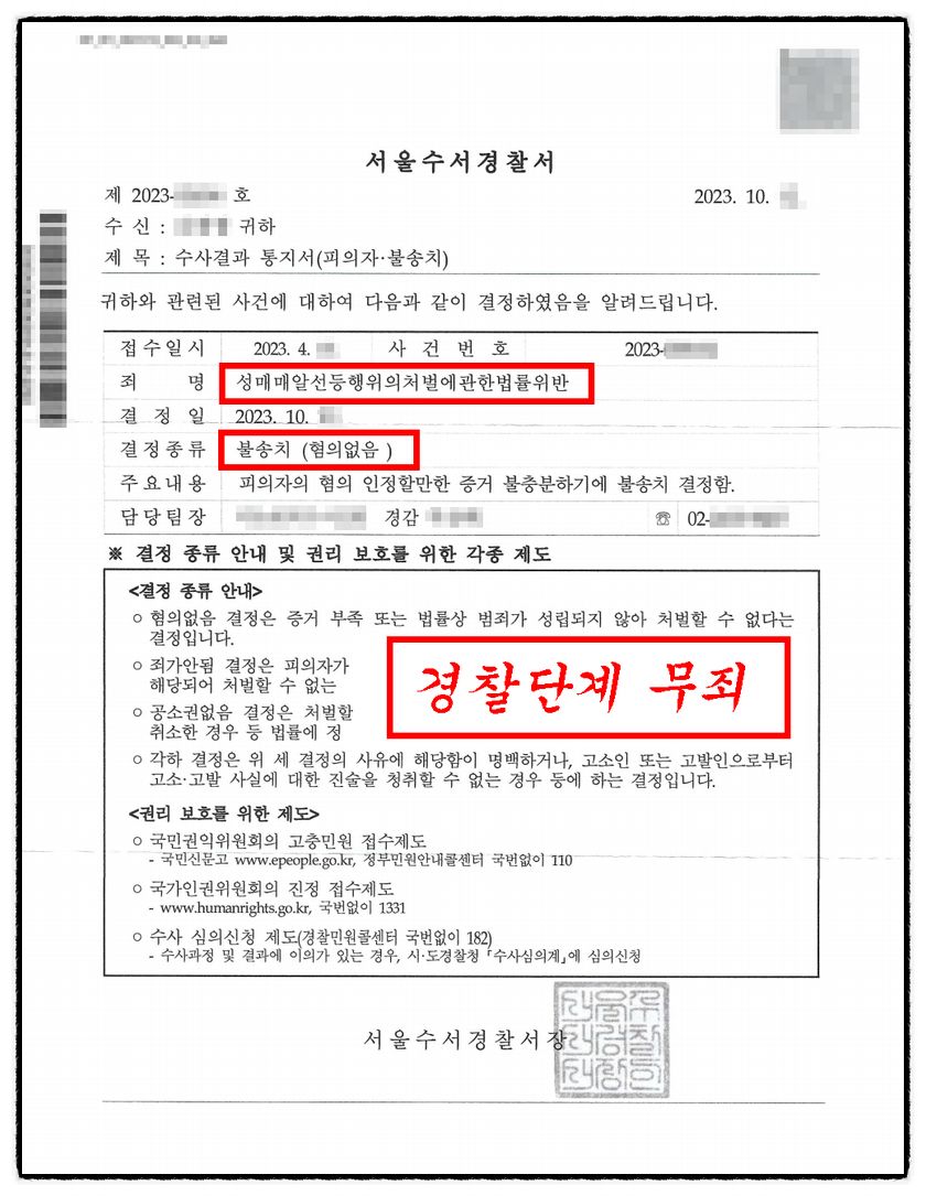 [무혐의] 성매매 경찰단계 불송치 성공사례 (오피, 스웨디시) 이미지 1