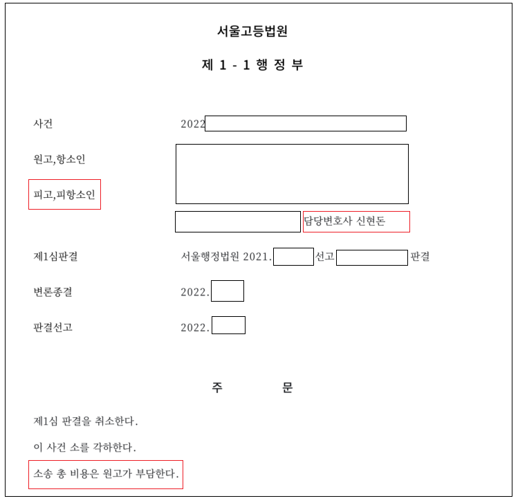 서울고등법원 행정소송 피고청구 각하시킨 사례 이미지 1