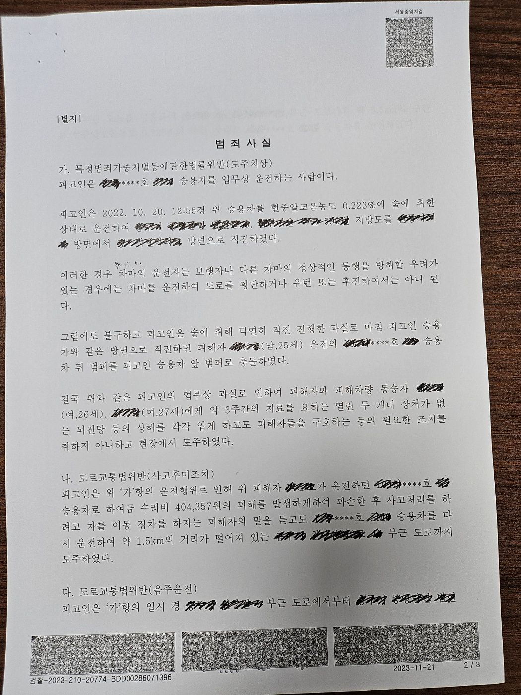 [구약식] 0.223% 수치로 음주뺑소니,피해자3명 도주치상 이미지 2