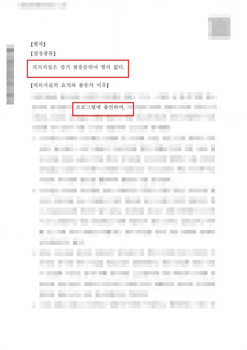 방송에서 명예를 훼손하였다는 사실로 고소된 사건 혐의없음 불송치 이미지 1