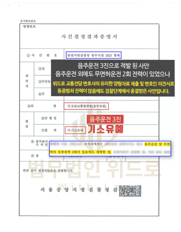 음주운전 3진 재범 기소유예_춘천지방검찰청 원주지청 이미지 1