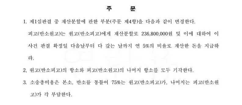 이혼 항소심 피고를 대리하여, 재산분할 금액을 2억 낮추어 승소 이미지 2