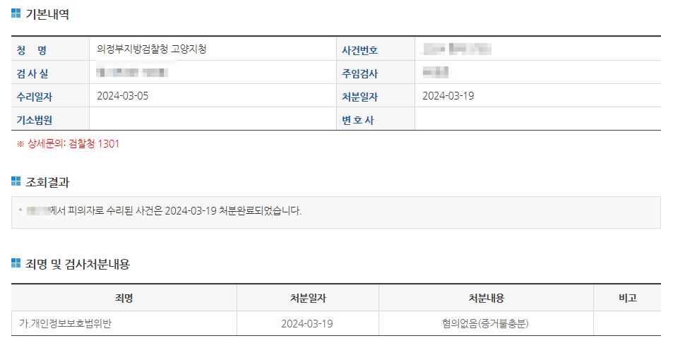 [개인정보보호법]위반 사안, 검찰 불기소처분(혐의없음) 성공사례 이미지 1