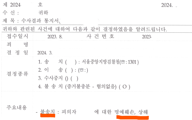 [불송치] 명예훼손, 상해죄 이미지 1