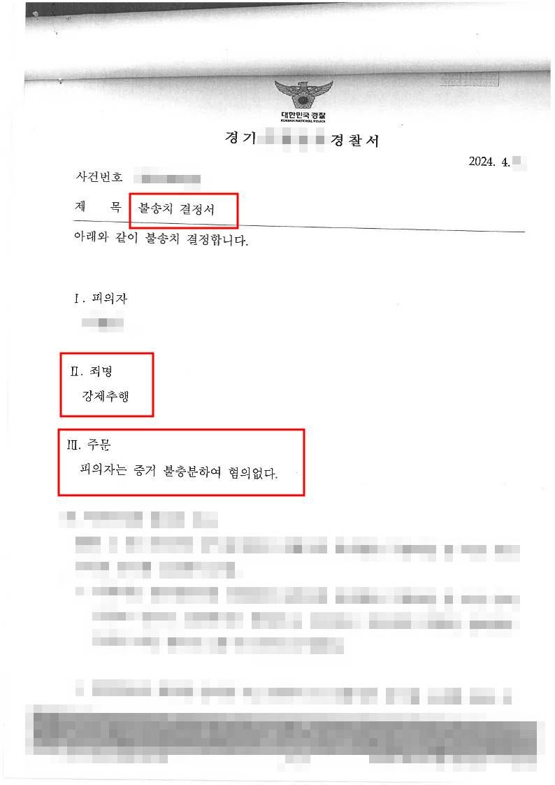 강제추행 혐의로 조사를 받게 된 사건 혐의없음 불송치결정 처분 이미지 1