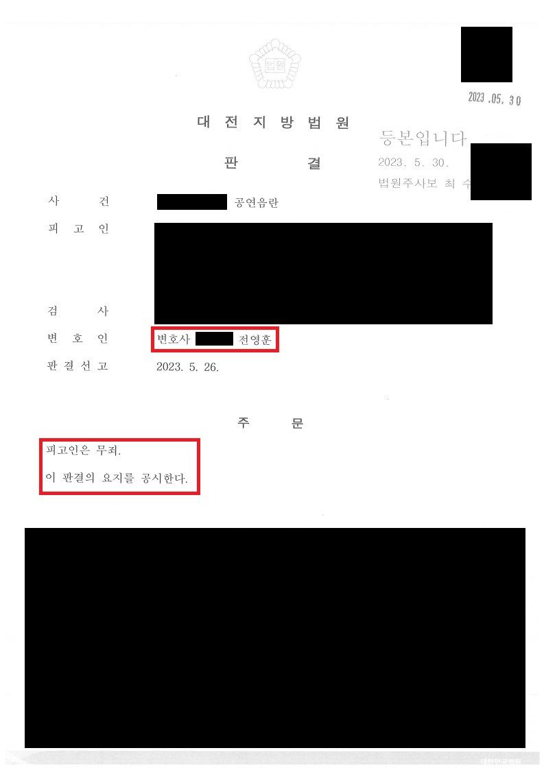 공연음란죄로 기소된 사건에서 무죄 판결을 받은 사례 이미지 1