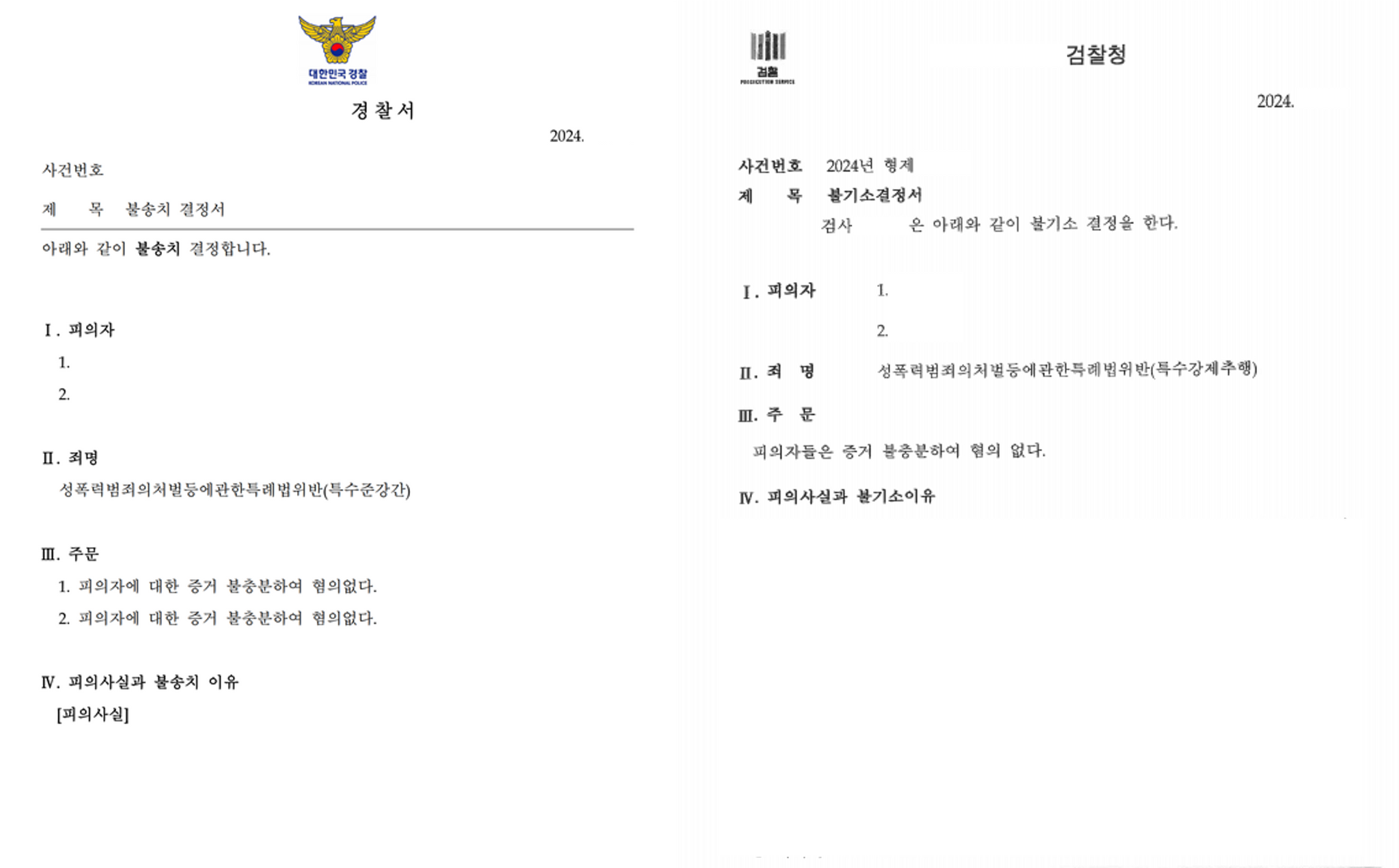 [불기소] 특수준강간, 특수강제추행 사건 불송치 및 불기소 결정 이미지 1