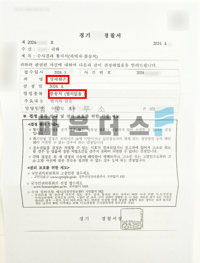 [명예훼손 불송치] 단체 카톡방 내 상대 언급 명예훼손 이미지 1