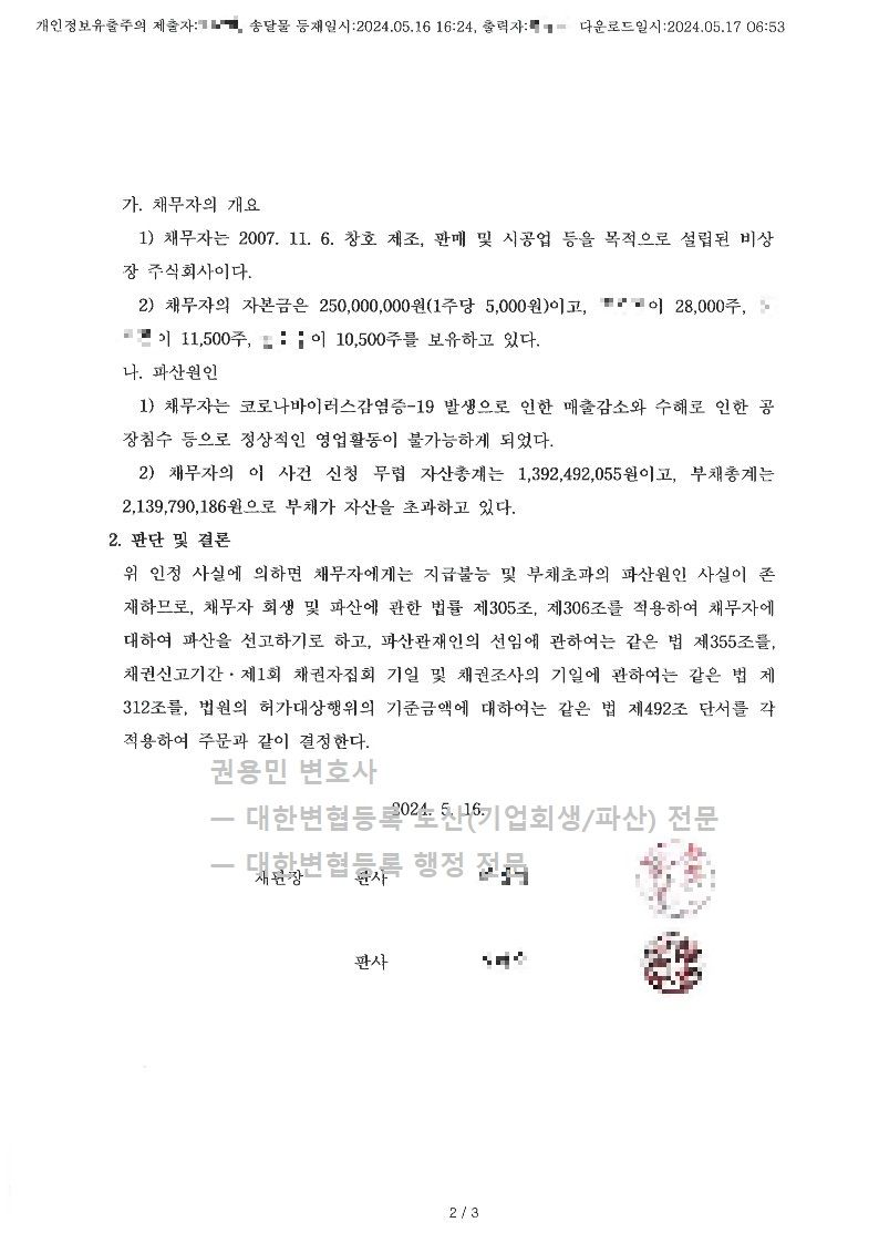 2024. 05. 16. '창호제작업체' 파산선고 사례 이미지 2