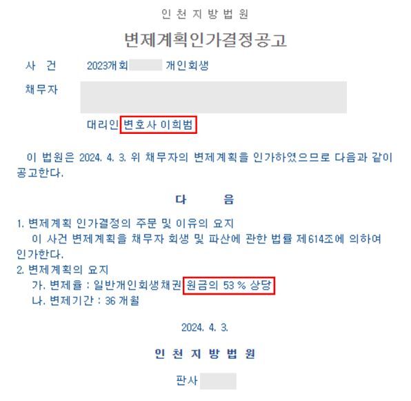 [개인회생 성공사례] 변제율 : 원금의 53% 이미지 1