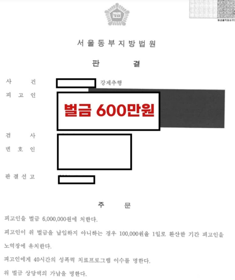 수업 중 강제추행-합의금 2천만원, 벌금 600만원 선고 이미지 1