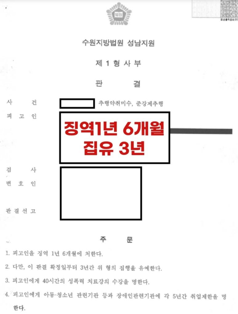 추행약취, 준강제추행-합의금 1억원, 집유 이미지 1
