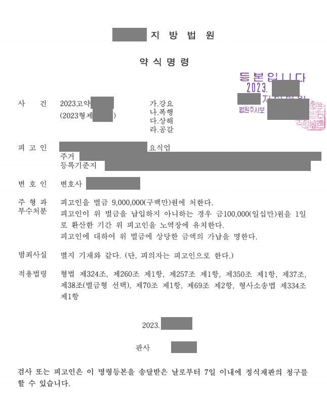 식당 동업자로부터 폭행과 갈취를 당하고 억대의 합의금 받음 이미지 1