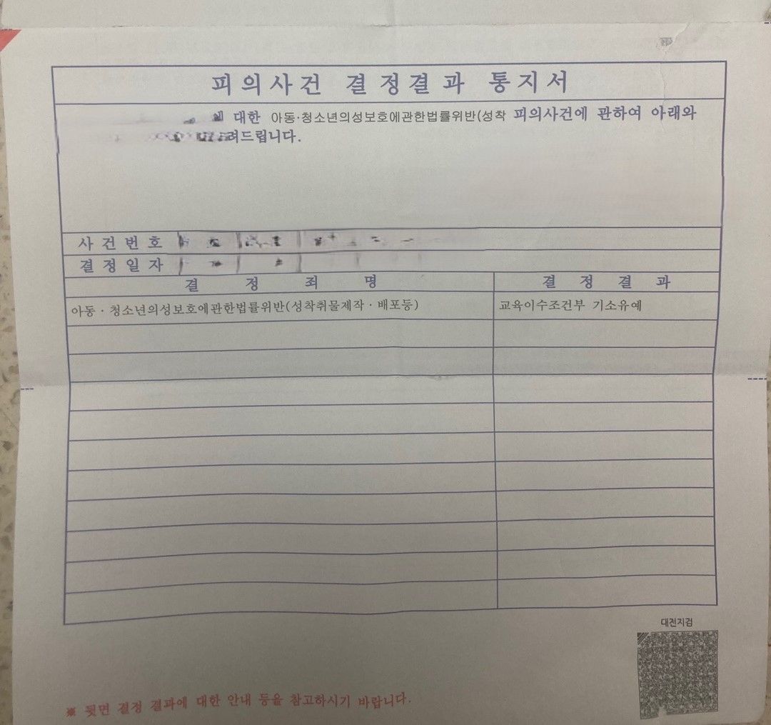 아청법위반죄(성착취물제작, 배포등) | 교육이수조건부 기소유예 이미지 1