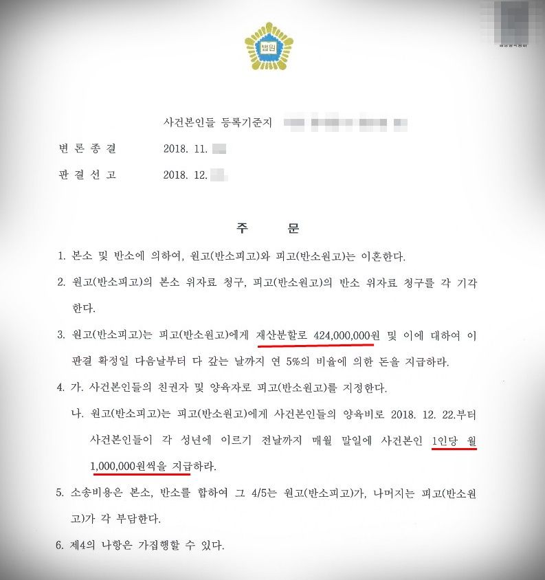 [이혼]재산분할 4억2천만원, 양육비 1백만원 인정 이미지 2