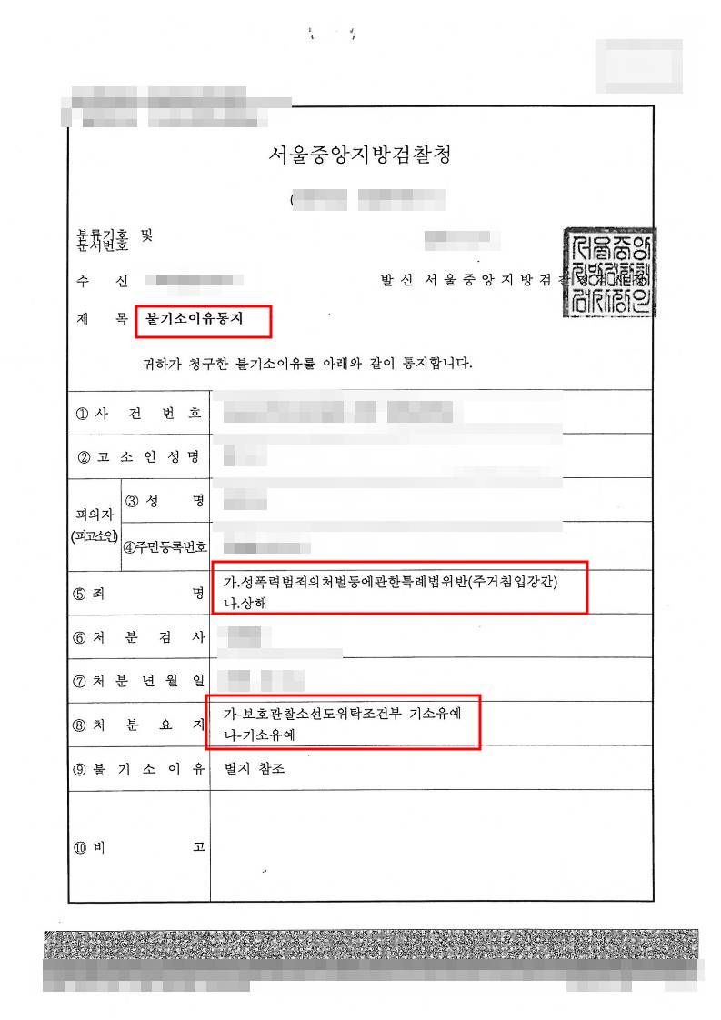 전 연인인 피해자의 집에 몰래 들어가 1회 간음한 사건 기소유예 이미지 1