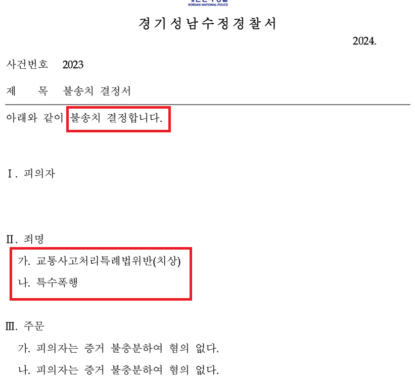 특수폭행, 특수상해 누명 경찰 수사 대응으로 불송치 결정 이미지 1