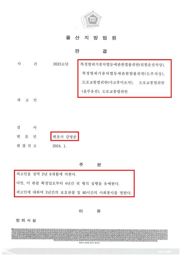 음주운전 및 도주치상 집행유예 성공사례 이미지 1