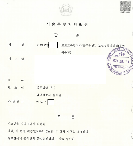 음주 4회, 무면허, 0.124%, 운전거리 5미터, 집행유예 이미지 1