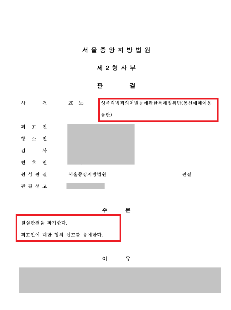 [통신매체이용음란] 원심(벌금형)파기 항소심 [선고유예] 이미지 2