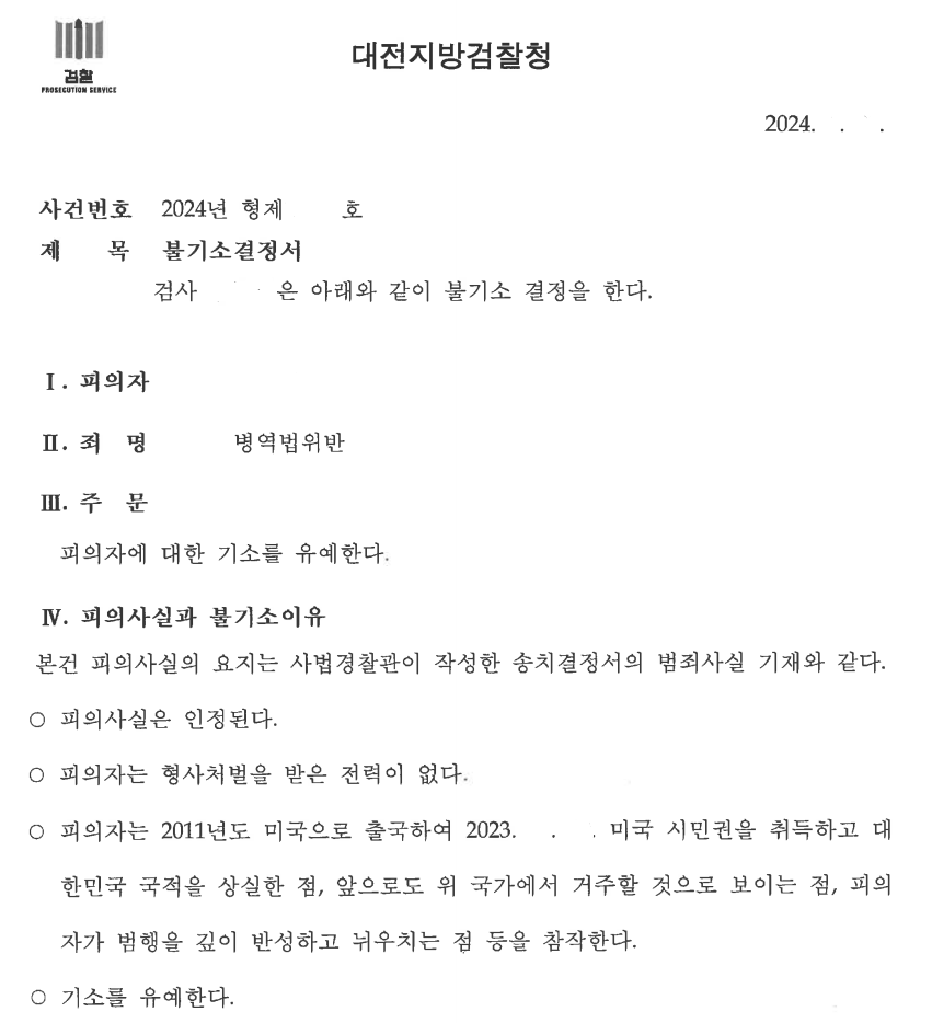 외국 시민권 취득한 유학생의 병역법 위반 기소유예 사례 이미지 1