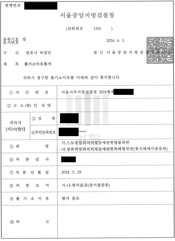 [스토킹, 통매음 / 혐의없음] 스토킹, 통매음 혐의없음 처분 이미지 1