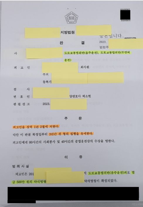 무면허음주운전 음주운전재범 집행유예 판결사례 이미지 1