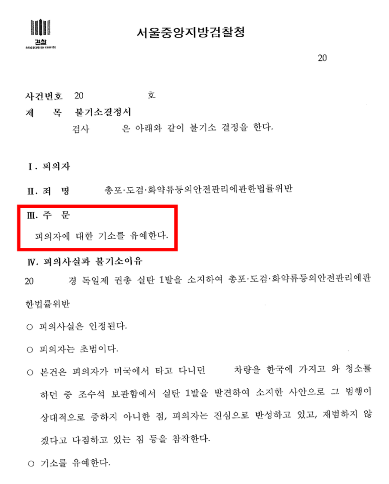 허가없이 권총 실탄(총알)을 소지하다 적발된 사례: 기소유예 이미지 1