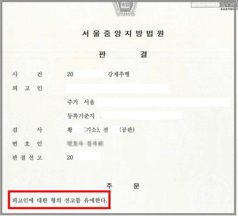 부하직원을 끌어안고 입을 맞춘 강제추행: 선고유예 이미지 1