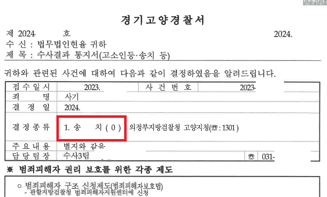 사기죄 고소 대리 경찰 혐의 인정으로 송치 결정, 피해보상 성공 이미지 1