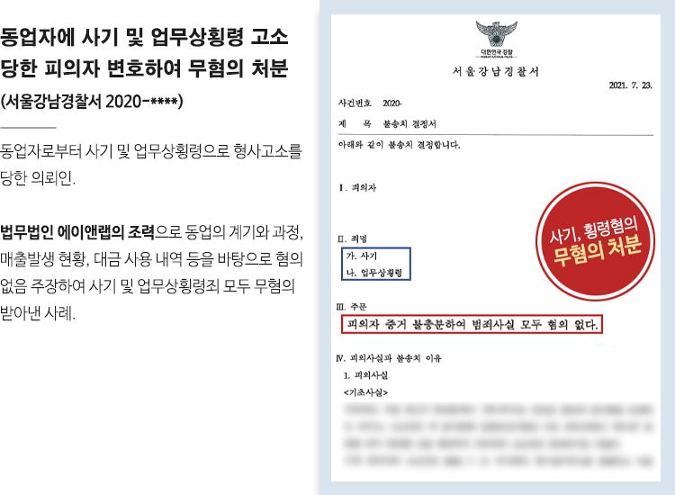 [무혐의] 사기/업무상횡령 피의자 변호하여 무혐의 처분! 이미지 1
