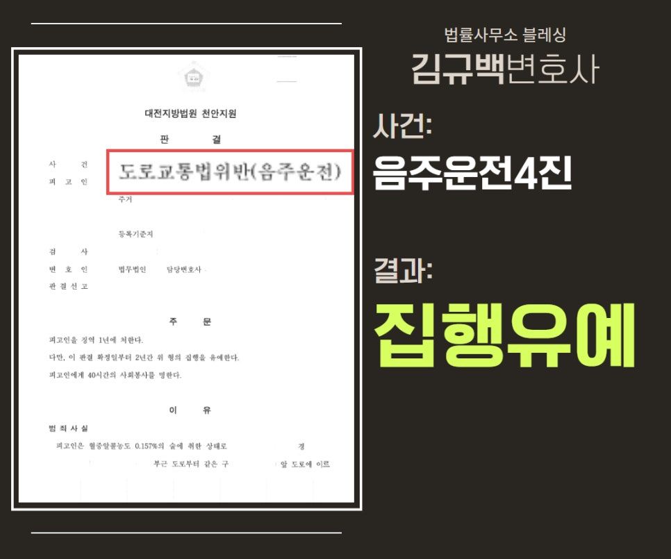 음주운전 4진, ‘집행유예’ 선처받은 성공사례 이미지 1